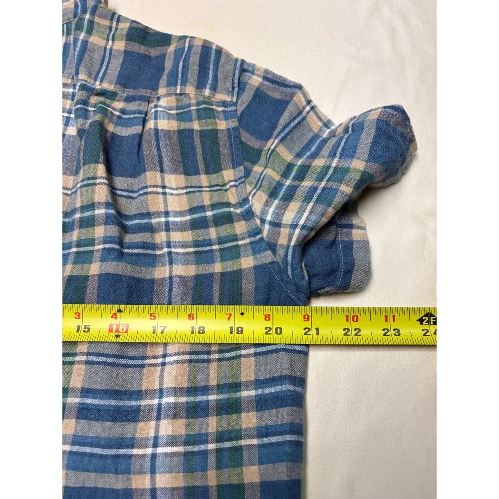J. Crew Slim Fit Linen Cotton Plaid Short Sleeve Shirt Blue Green BP972 Mens M